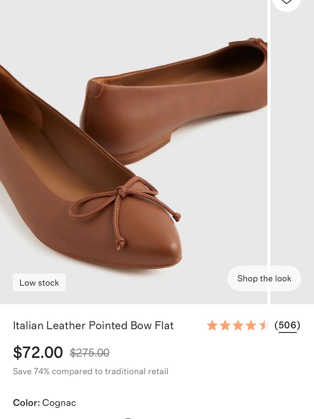 Quince Cognac Pointed Bow Flat real Italian leather, worn once